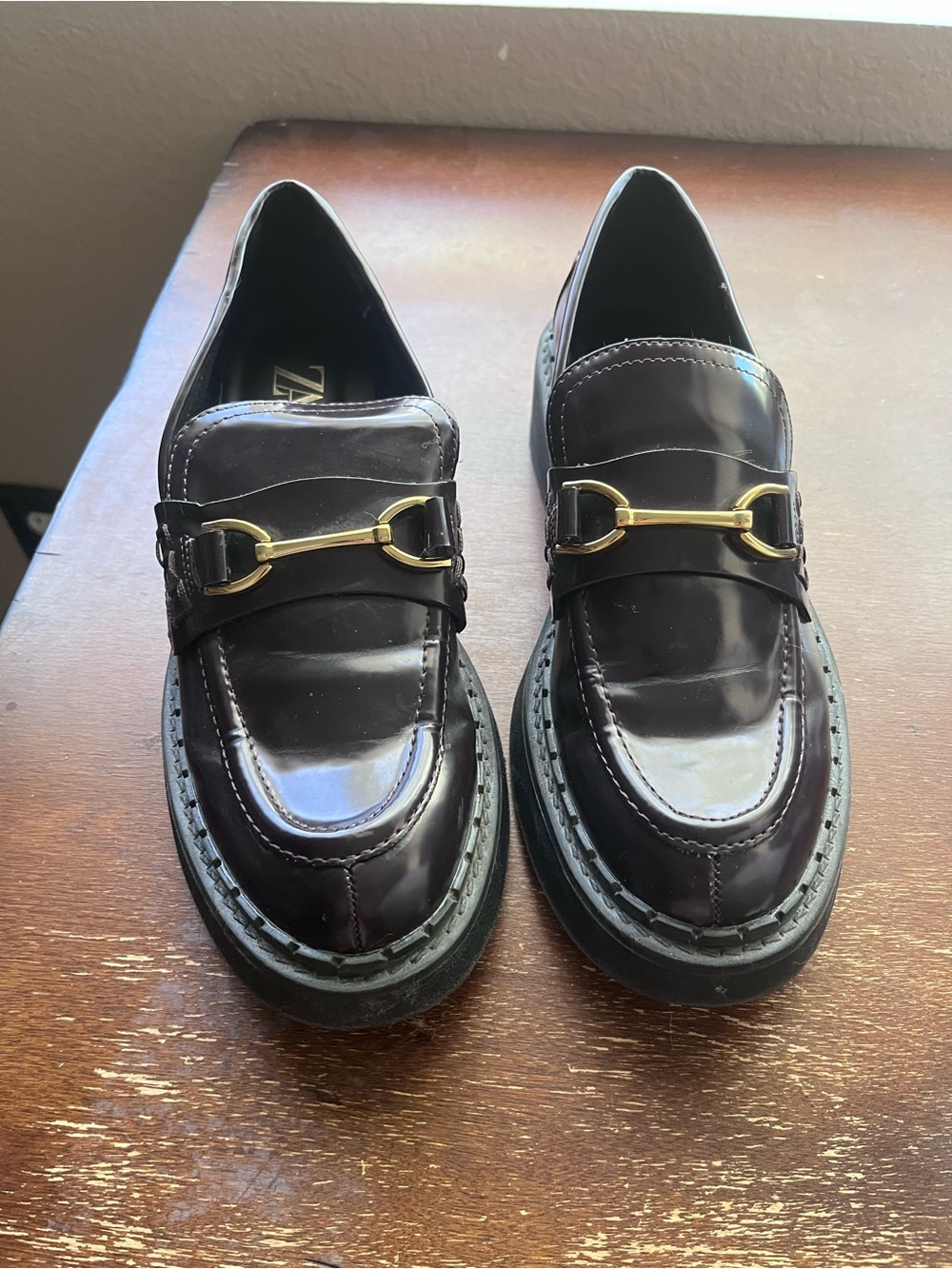 Zara Women's Dark Brown Patent Loafers with Gold Bit